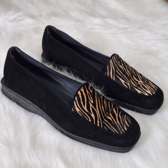 Stuart Weizmann Palomino Zebrette Pony Hair Square Toe Black Suede Loafer 7B - Picture 1 of 8